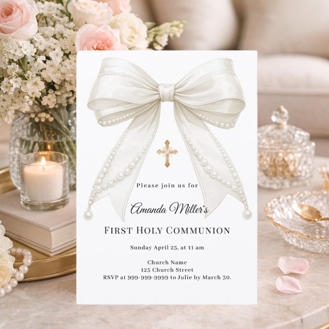 Bow ivory pearls girl elegant First Communion Invitation (Creator Uploaded)
