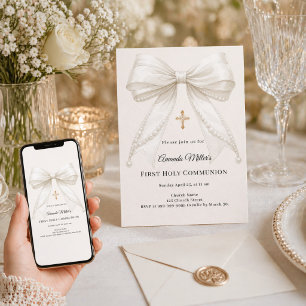 Bow ivory pearls girl elegant First Communion Invitation