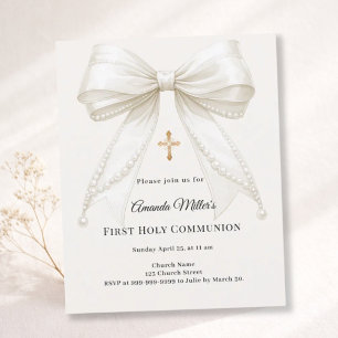 Bow ivory pearls girl First Communion invitation