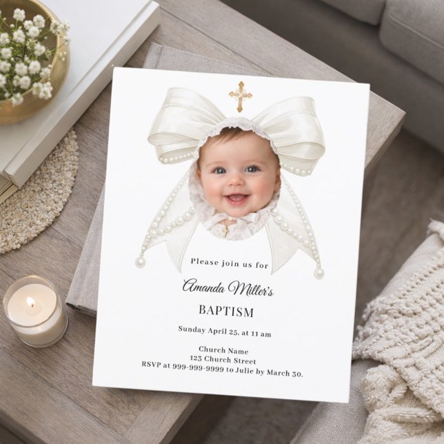Bow Ivory Pearls Photo Girl Baptism invitation (Creator Uploaded)