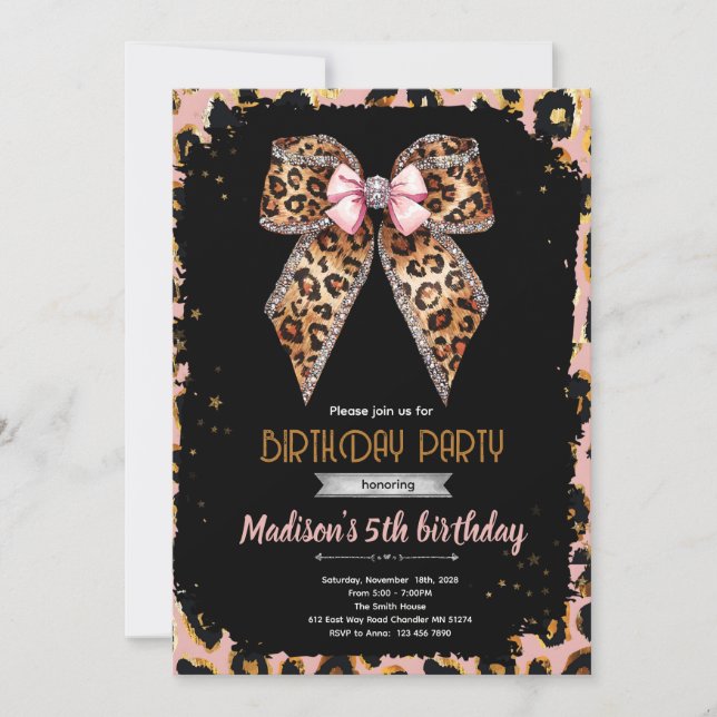 Bow leopard cheetah Birthday Invitation (Front)