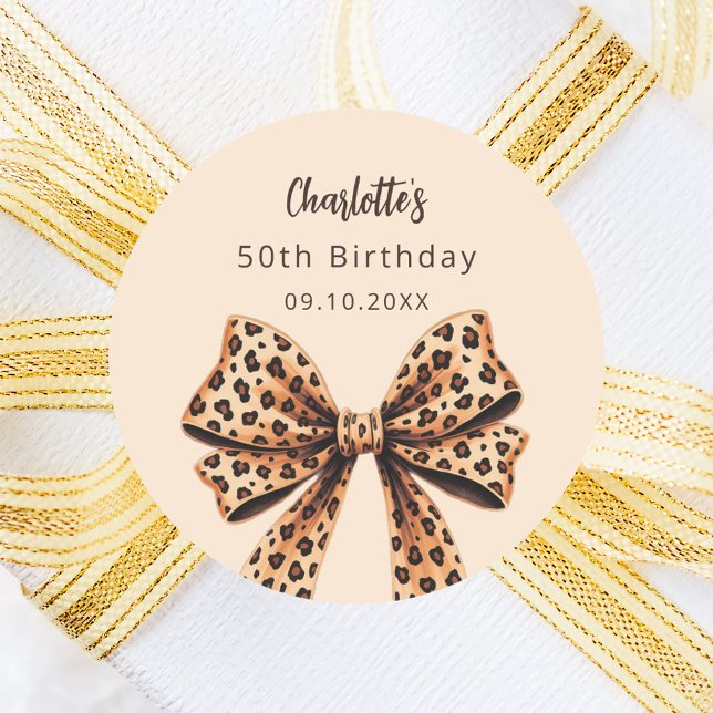 Bow leopard print beige Birthday Classic Round Sticker (Creator Uploaded)