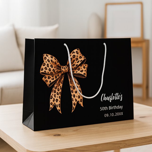 Bow leopard print black Birthday Large Gift Bag (Creator Uploaded)