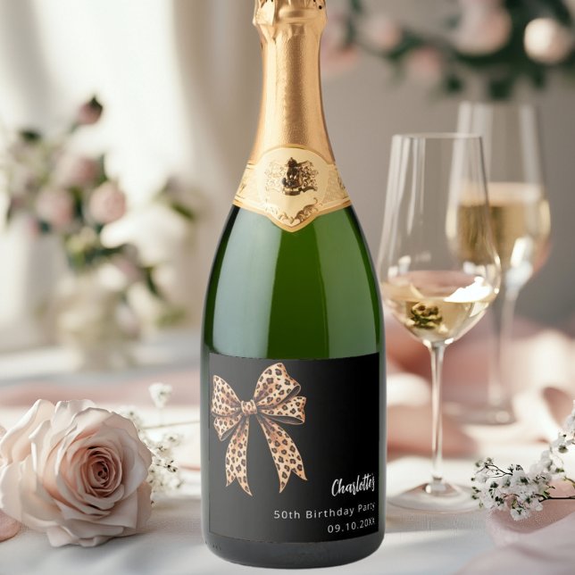 Bow leopard print black Birthday Party Sparkling Wine Label (Creator Uploaded)