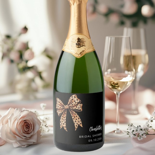 Bow leopard print black Bridal Shower Sparkling Wine Label (Creator Uploaded)