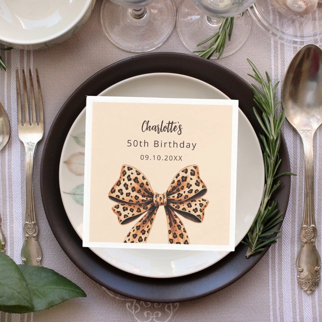 Bow leopard print brown beige Birthday Napkin (Creator Uploaded)