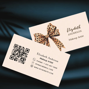 Bow leopard print peach brown qr code business card