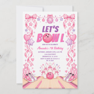 Bow Let's Bowl Pink Bowling Birthday Gingham Retro Invitation