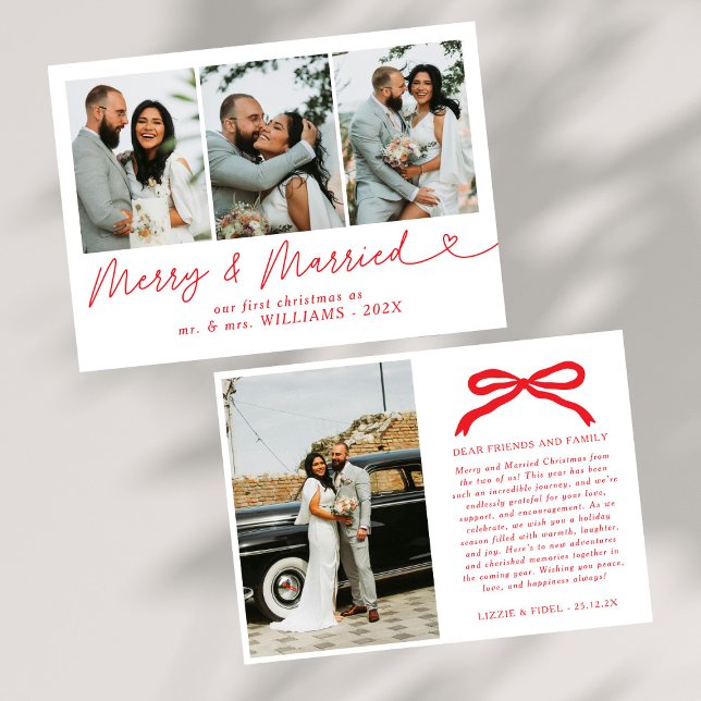 Bow Merry & Married Newlywed Photo Christmas  Holiday Card (Creator Uploaded)