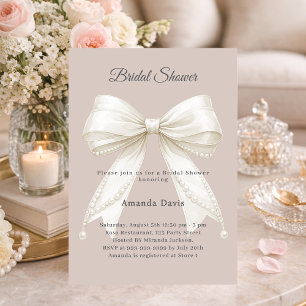 Bow mocha ivory pearls beige Bridal Shower Invitation