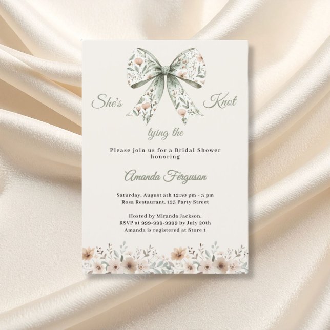 Bow neutral florals green ivory knot Bridal Shower Invitation (Creator Uploaded)