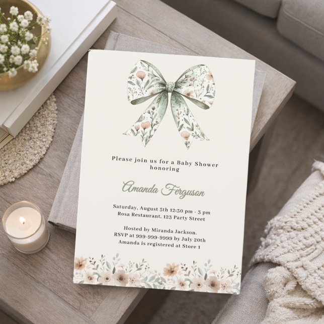 Bow neutral florals summer Baby Shower invitation (Creator Uploaded)