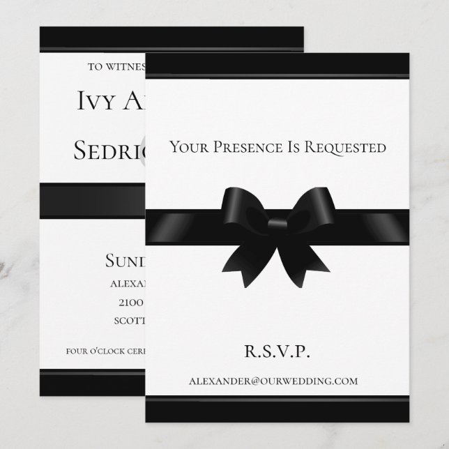 Bow noir et Faire-part de mariage classique blanch (Devant / Derrière)