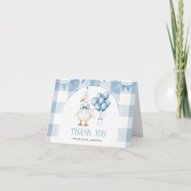 Bow One Silly Goose 1st Birthday Blue Gingham Thank You Card (Front)