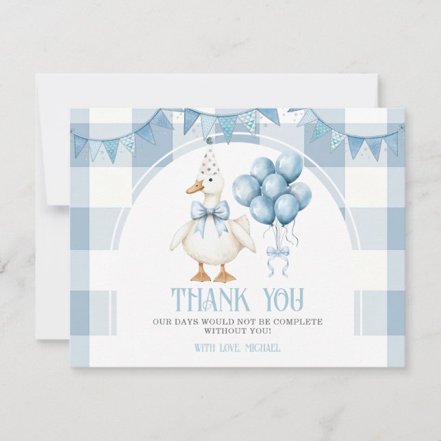 Bow One Silly Goose 1st Birthday Blue Gingham Thank You Card (Front)