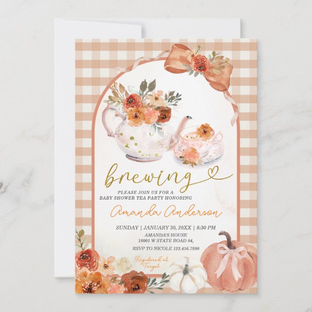 Bow orange pumpkin a baby is brewing Baby Shower Invitation (Front)