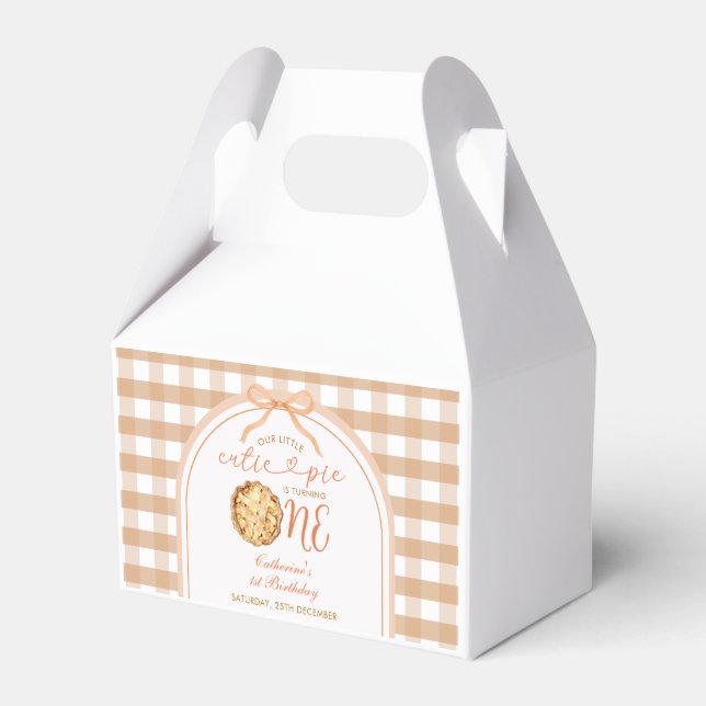 Bow Our Little Cutie Pie Fall Gingham 1st Birthday Favor Box (Front Side)