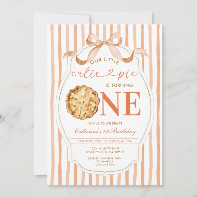 Bow Our Little Cutie Pie Fall Stripes 1st Birthday Invitation (Front)