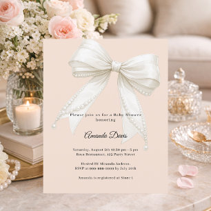 Bow peach ivory pearls girl Baby Shower invitation