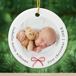 Bow Photo Modern Baby First Christmas Ceramic Ornament