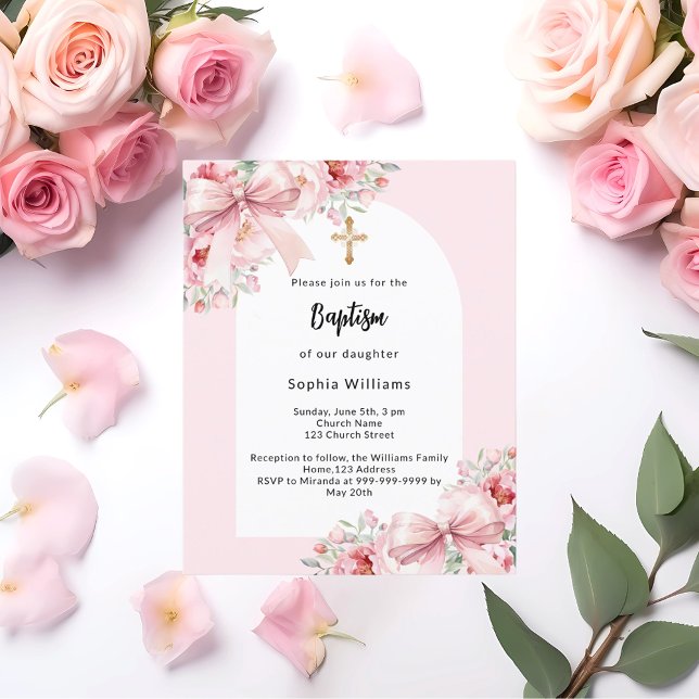 Bow pink florals arch girl baptism invitation (Creator Uploaded)