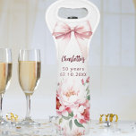 Bow pink florals bloom birthday party wine bag<br><div class="desc">A white coloured background. Decorated with a large bow and pink flowers.  Personalize and add a name and year/text.</div>