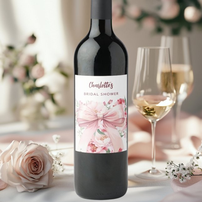Bow pink florals bloom Bridal Shower Wine Label (Creator Uploaded)