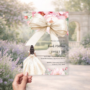 Bow pink florals dress cream clear Sweet 16 Acrylic Invitations