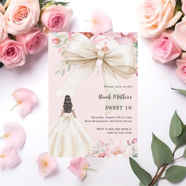 Bow pink florals dress cream Sweet 16 Invitation (Creator Uploaded)