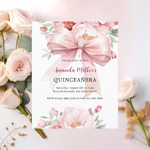 Bow pink florals Quinceanera invitation