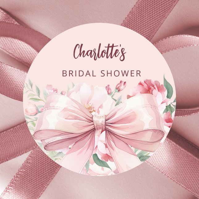 Bow pink florals roses Bridal Shower Classic Round Sticker (Creator Uploaded)