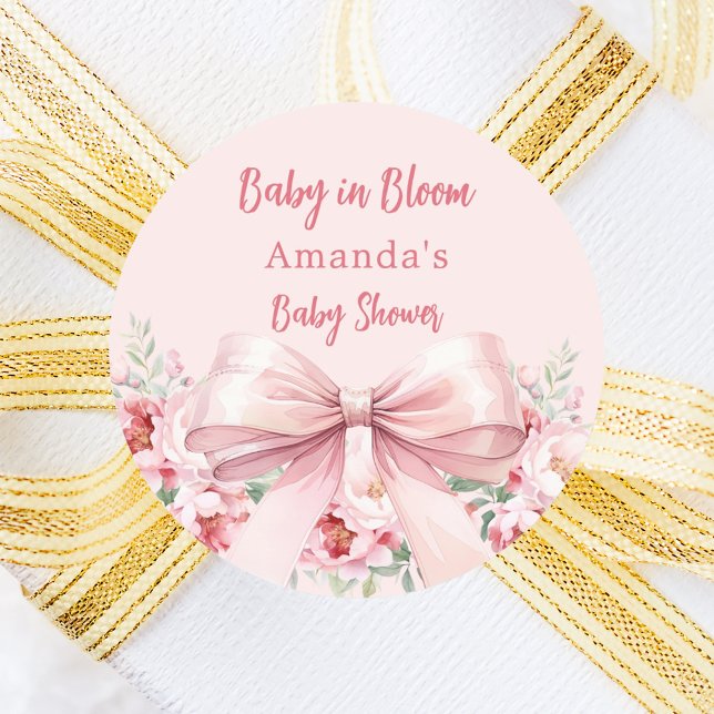 Bow pink flowers bloom Baby Shower Classic Round Sticker (Creator Uploaded)
