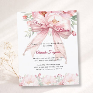 Bow pink flowers bloom girl Baby Shower invitation