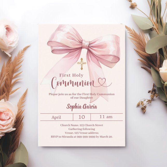 Bow pink girl cream elegant First Communion Invitation (Creator Uploaded)