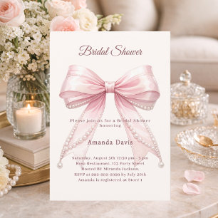 Bow pink ivory pearls elegant Bridal Shower Invitation