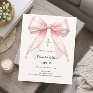 Bow Pink Ivory Pearls Girl Baptism Invitation