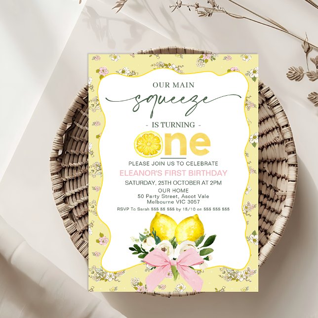 Bow Pink Lemon Our Main Squeeze 1st Birthday Invitation (Our Main Squeeze 1st Birthday Invitation Template, Lemon Themed 1st Birthday Invitation Girl Bow)