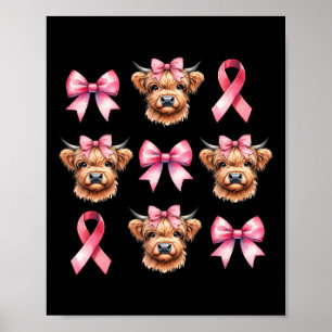 Bow Pink Ribbon Highland Cow Pink Breast Cancer Poster