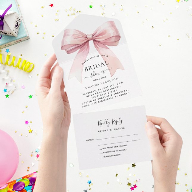 Bow pink white Bridal Shower rsvp All In One Invitation (Creator Uploaded)