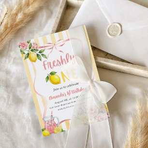 Bow Pink Yellow Lemon Freshly One First Birthday Invitation