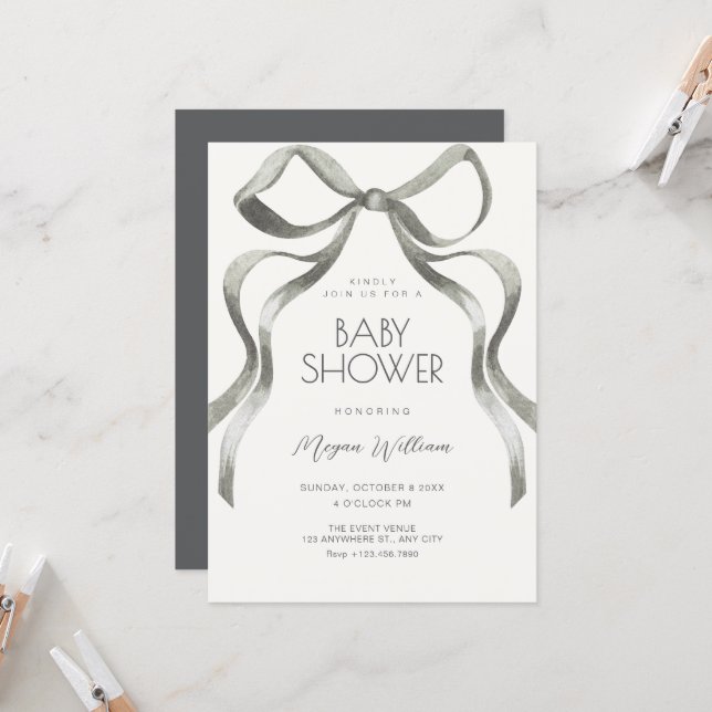 Bow ribbon baby shower invitation (Front/Back In Situ)