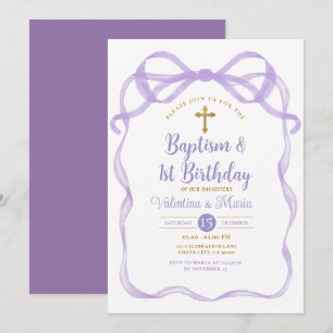 Bow Ribbon Baptism & 1st Birthday Purple  Invitation