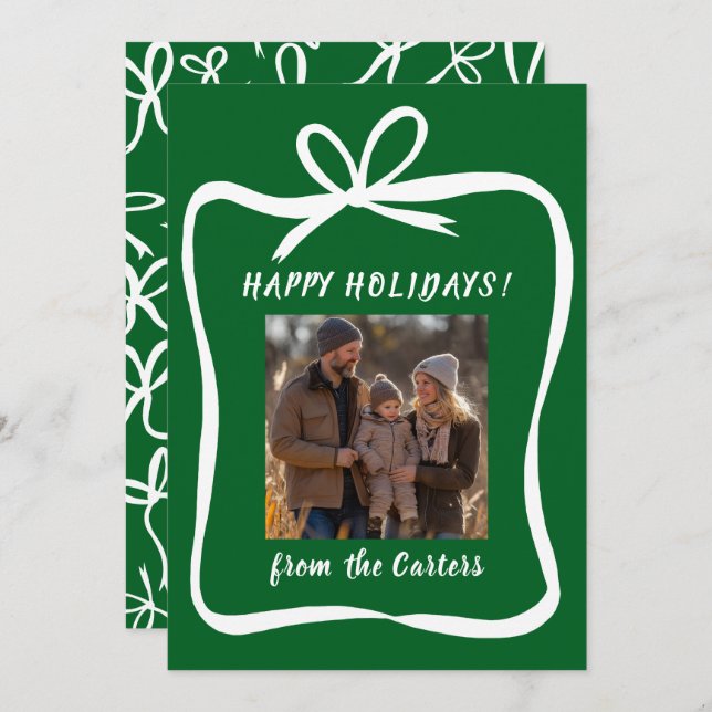 Bow Ribbon Frame Christmas CUSTOM PHOTO Holiday Card (Front/Back)