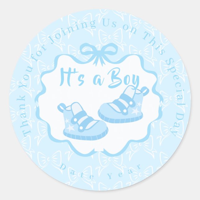 Bow Ribbon Its a Boy Classic Round Sticker (Front)