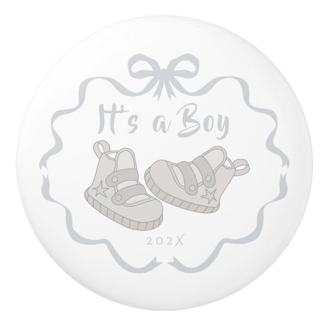 Bow Ribbon Its a Boy Grey Ceramic Knob (Front)