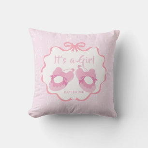Bow Ribbon Its a Girl Pink Throw Pillow