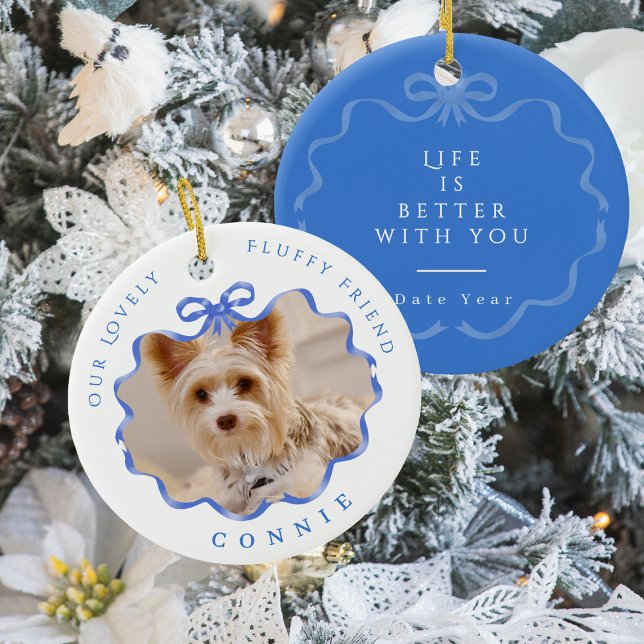 Bow Ribbon Pet Memory Photo Blue Ceramic Ornament (Bow Ribbon Pet Memory Photo Blue Ceramic Ornament)