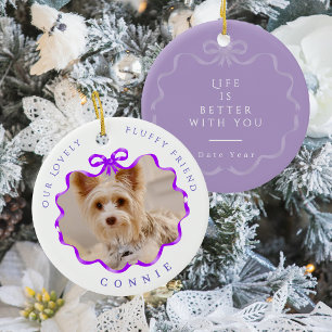 Bow Ribbon Pet Memory Photo Purple Ceramic Ornament