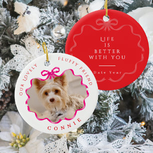 Bow Ribbon Pet Memory Photo Red Ceramic Ornament