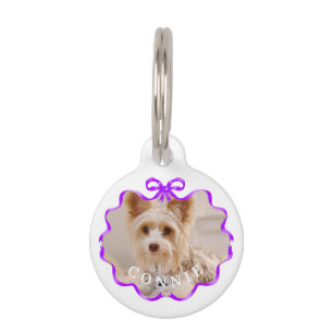 Bow Ribbon Pet Photo Purple White Pet Tag
